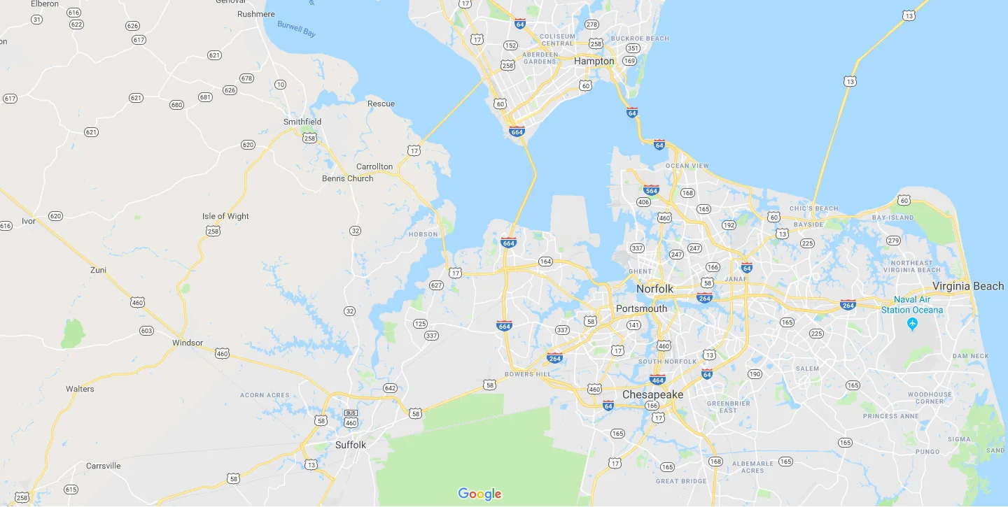 Map of the Hampton Roads, Virginia service area covering Virginia Beach, Chesapeake, Norfolk, Suffolk and Portsmouth